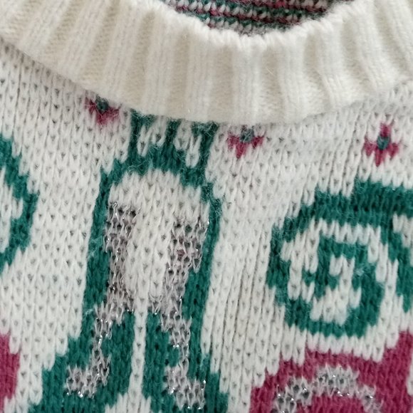 Vintage Cricket Lane Women's L Pullover Sweater White, Green & Pink w/ Sparkles - Picture 10 of 11
